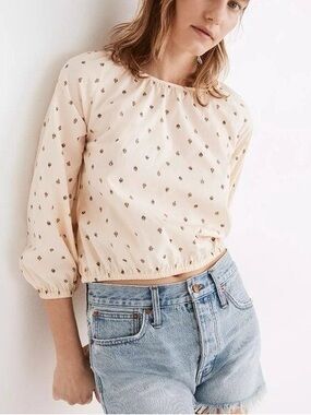 Madewell Gathered Puff Sleeve Cotton Blouse | Size Small